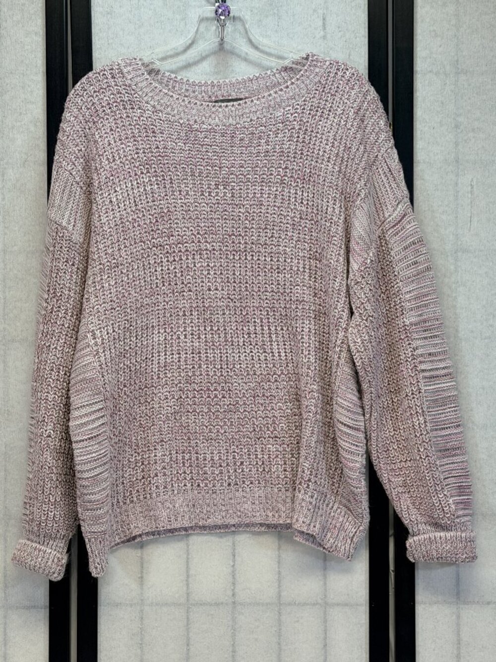 Eddie Bauer Boxy Marled Rib Knit Sweater Crew Neck XL Long Sleeve Pink Grey